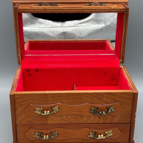 Vintage Wooden Jewelry Box with Red Velvet Lining and Mirror - Picture 5 of 15